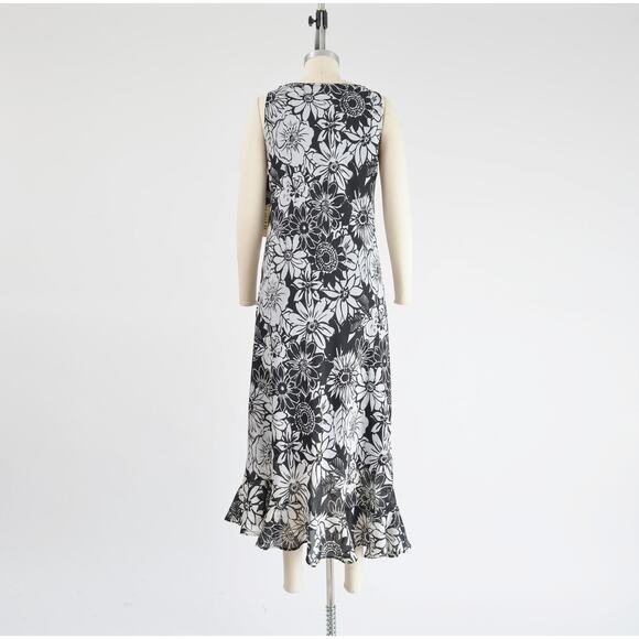 Vintage 90s Black and White Floral High Low Ruffle Maxi Party Dress Deadstock M - Picture 5 of 9
